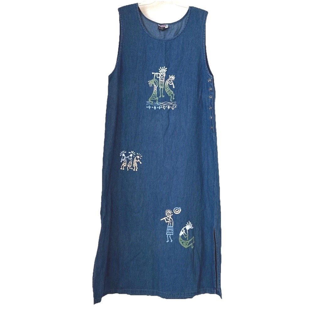 Vintage Fads Denim Maxi Dress Kokopelli Flute Player Blue Cotton Large RN 84789